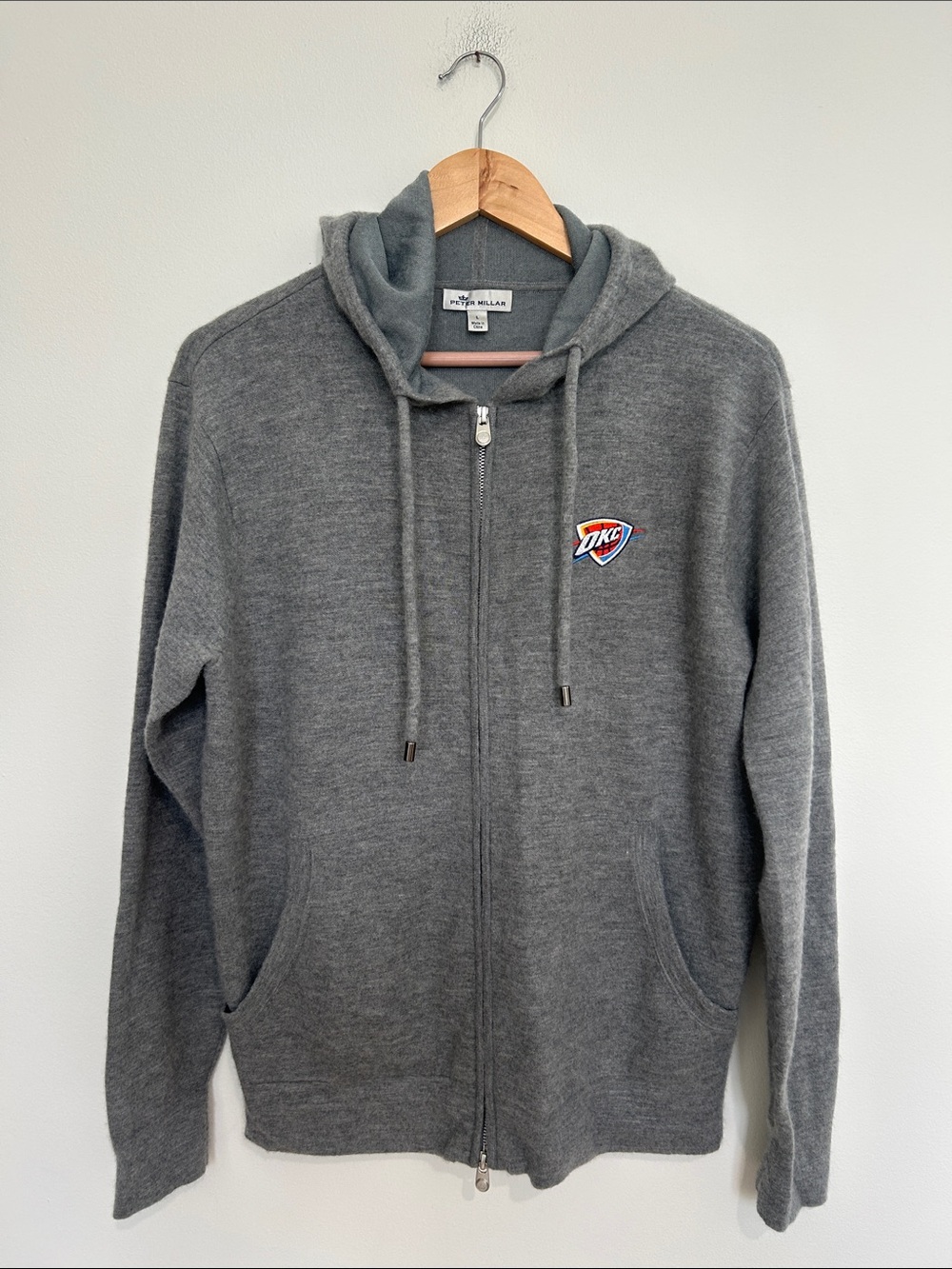 Peter Millar Gray Cashmere Blend Hooded Full Zip Sweater OKC Thunder Size Large